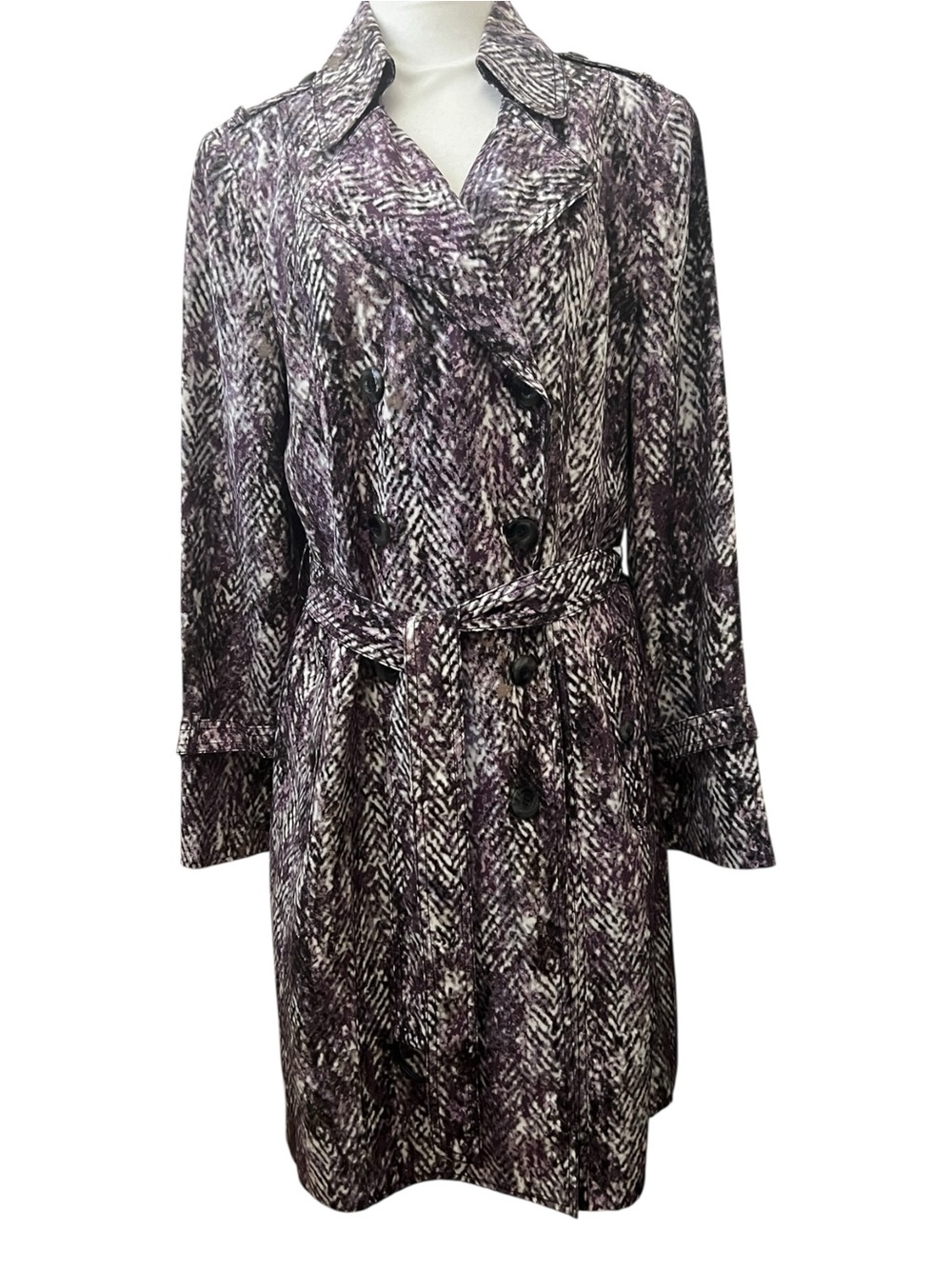 Worth New York Double Breasted Silk Abstract Geometric Print Trench Coat Size M